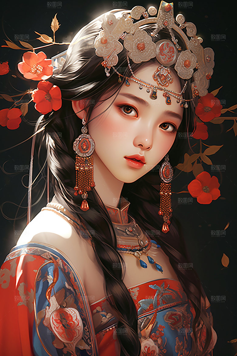 少数民族女孩美丽肖像插画