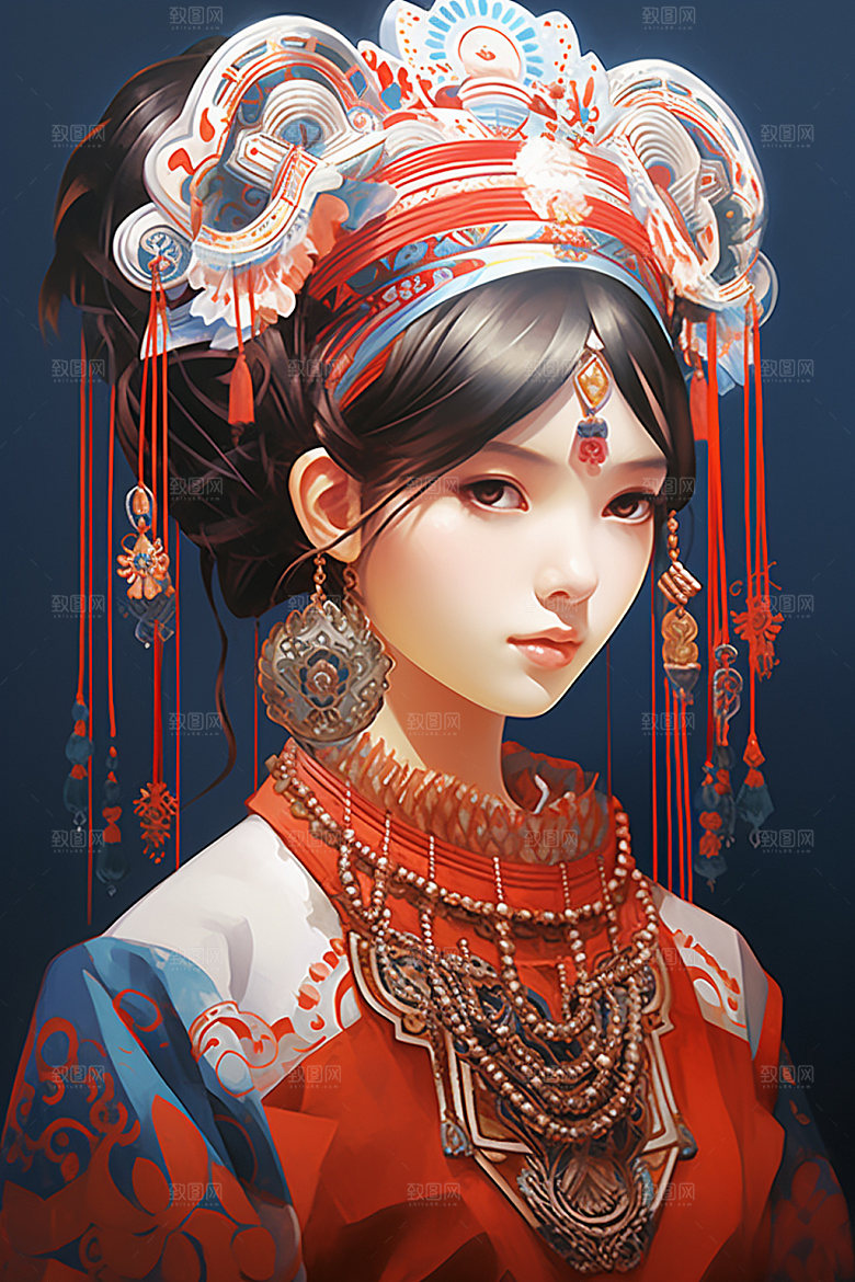 少数民族女孩肖像人物插画