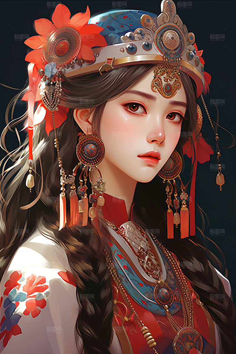 少数民族女孩美丽唯美插画