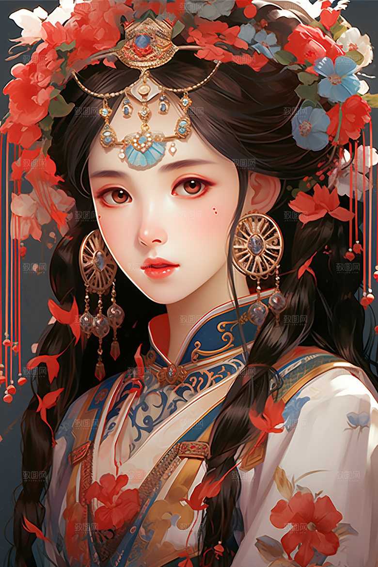 少数民族女孩细腻人物插画