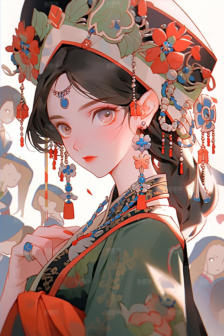 少数民族女孩肖像传统风格插画