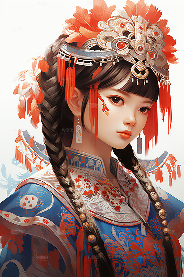 少数民族女孩肖像细腻插画