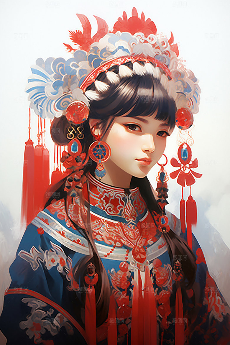 少数民族女孩传统风格肖像插画