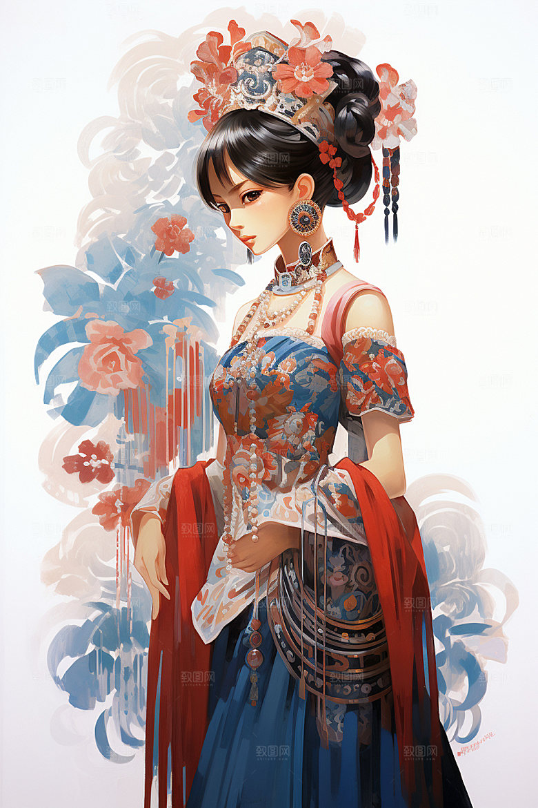 少数民族女孩唯美中国风插画