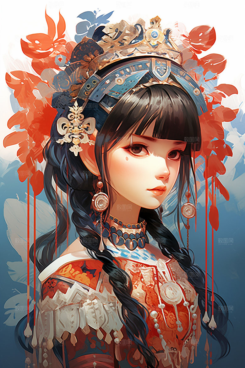 少数民族女孩唯美人物插画