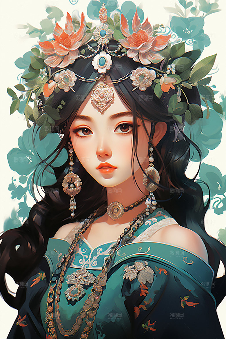 少数民族女孩细腻传统风格插画