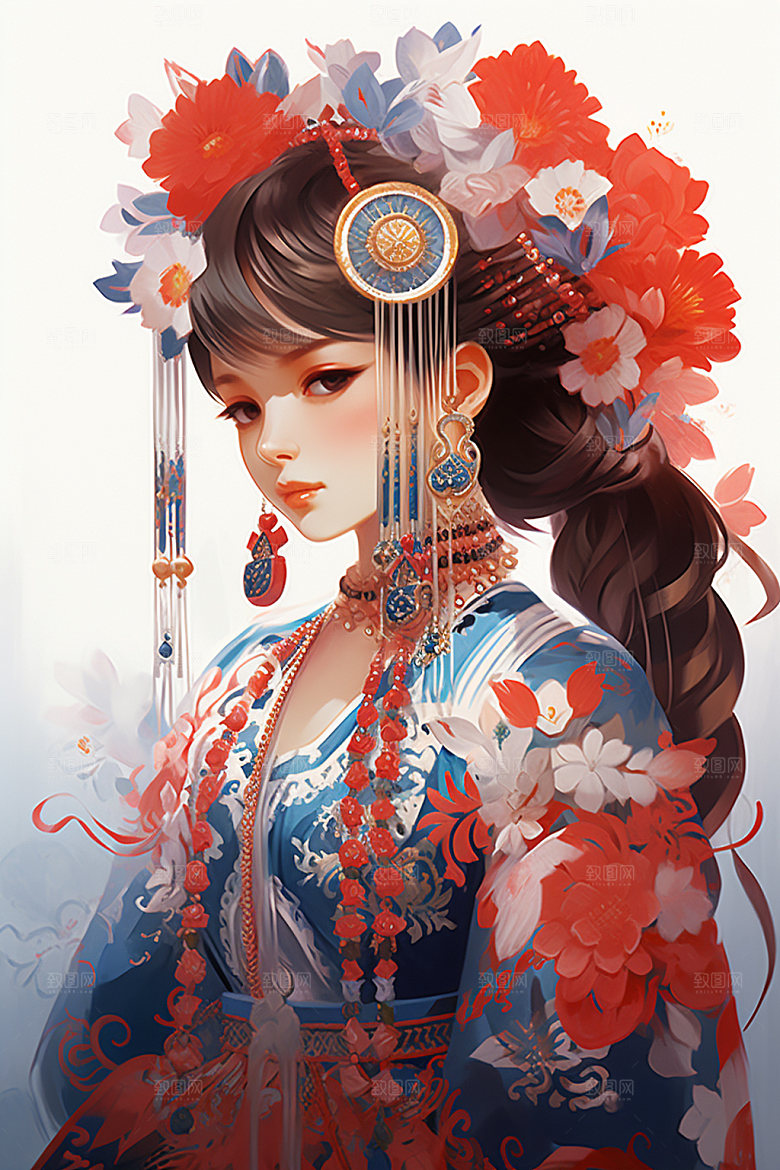少数民族女孩细腻中国风插画