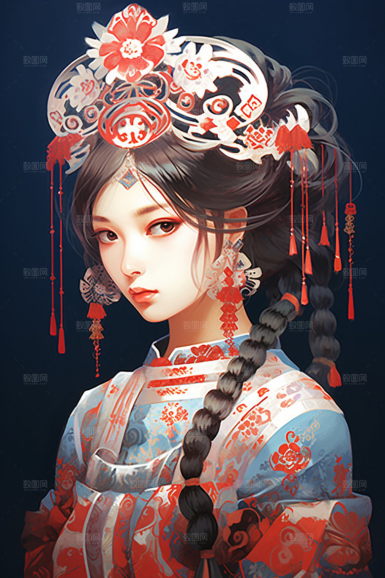 少数民族女孩细腻中国风插画