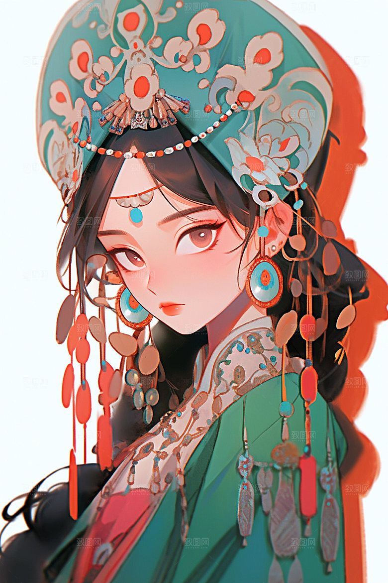 少数民族女孩唯美传统风格插画