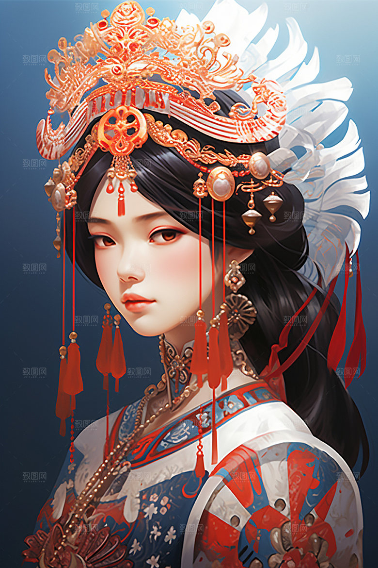 少数民族女孩唯美传统风格插画
