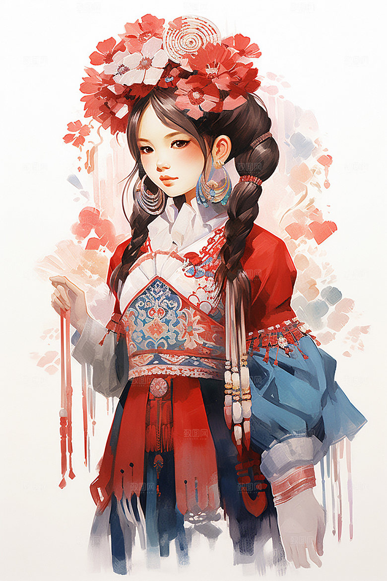 少数民族女孩传统风格美丽插画