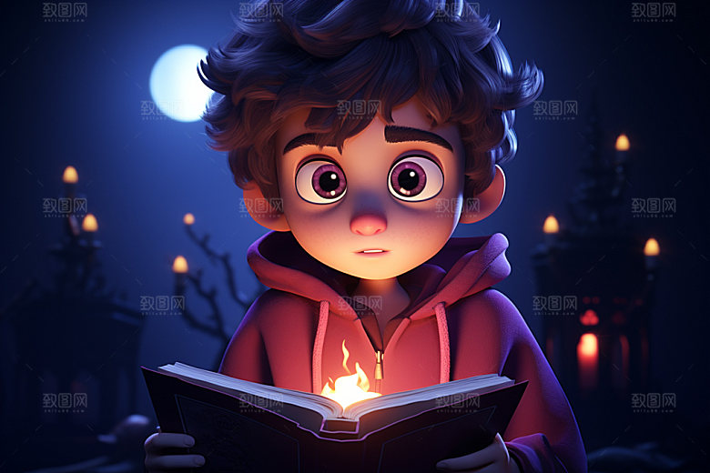 魔法书和儿童人物神秘模型