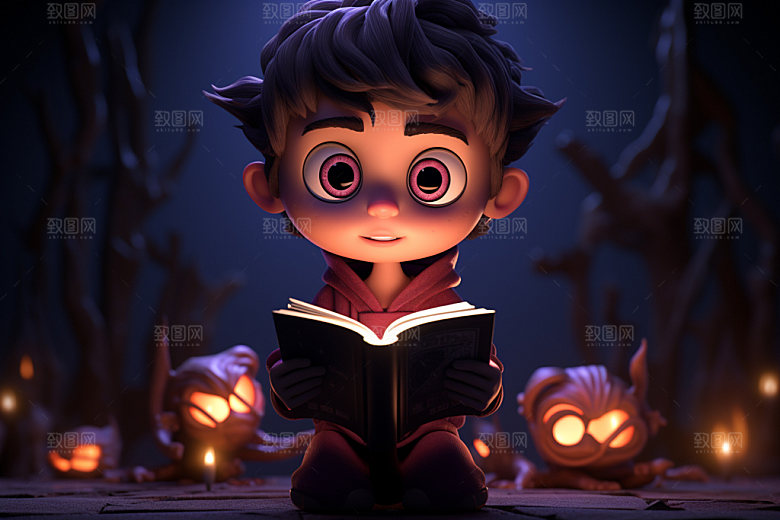 魔法书和儿童卡通神秘模型