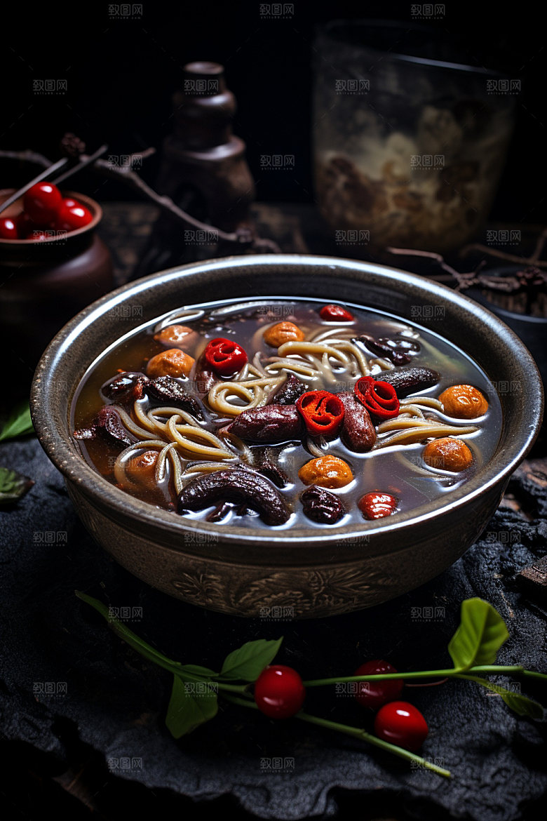 蘑菇菌汤野味料理摄影图