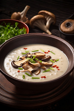 蘑菇菌汤美食素菜摄影图
