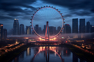 摩天轮风光城市夜景摄影图