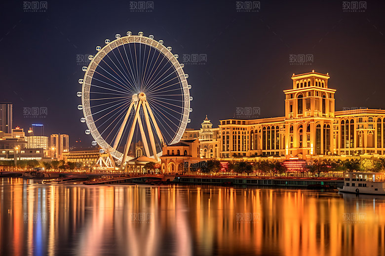摩天轮游乐园城市夜景摄影图