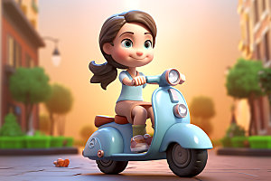 骑摩托车的女孩卡通时尚人物模型