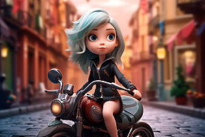 骑摩托车的女孩卡通3D人物模型