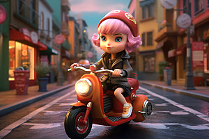 骑摩托车的女孩飒爽3D人物模型