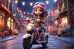 骑摩托车的女孩卡通高清人物模型