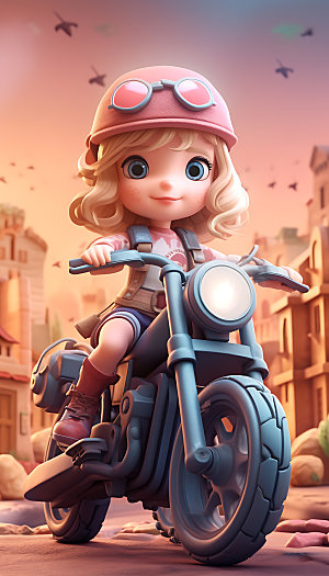 骑摩托车的女孩卡通3D人物模型