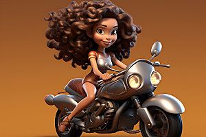 骑摩托车的女孩卡通飒爽人物模型
