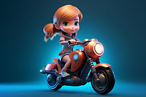 骑摩托车的女孩帅气卡通人物模型