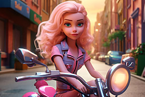 骑摩托车的女孩卡通潮流人物模型