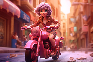 骑摩托车的女孩帅气飒爽人物模型