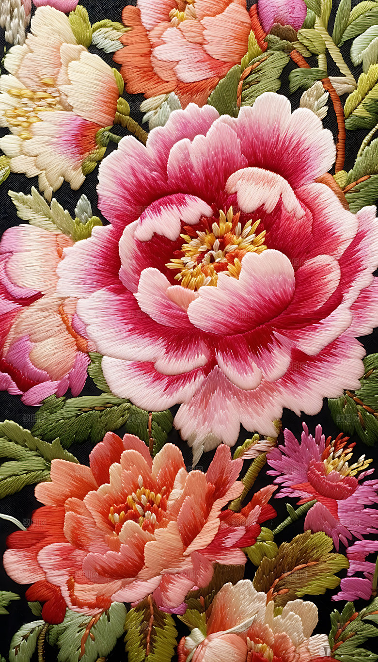 牡丹花华贵彩色刺绣
