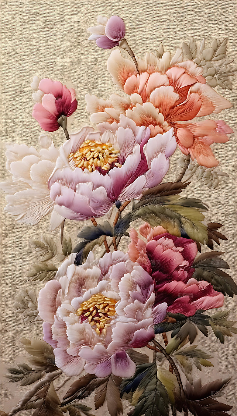 牡丹花彩色精致刺绣