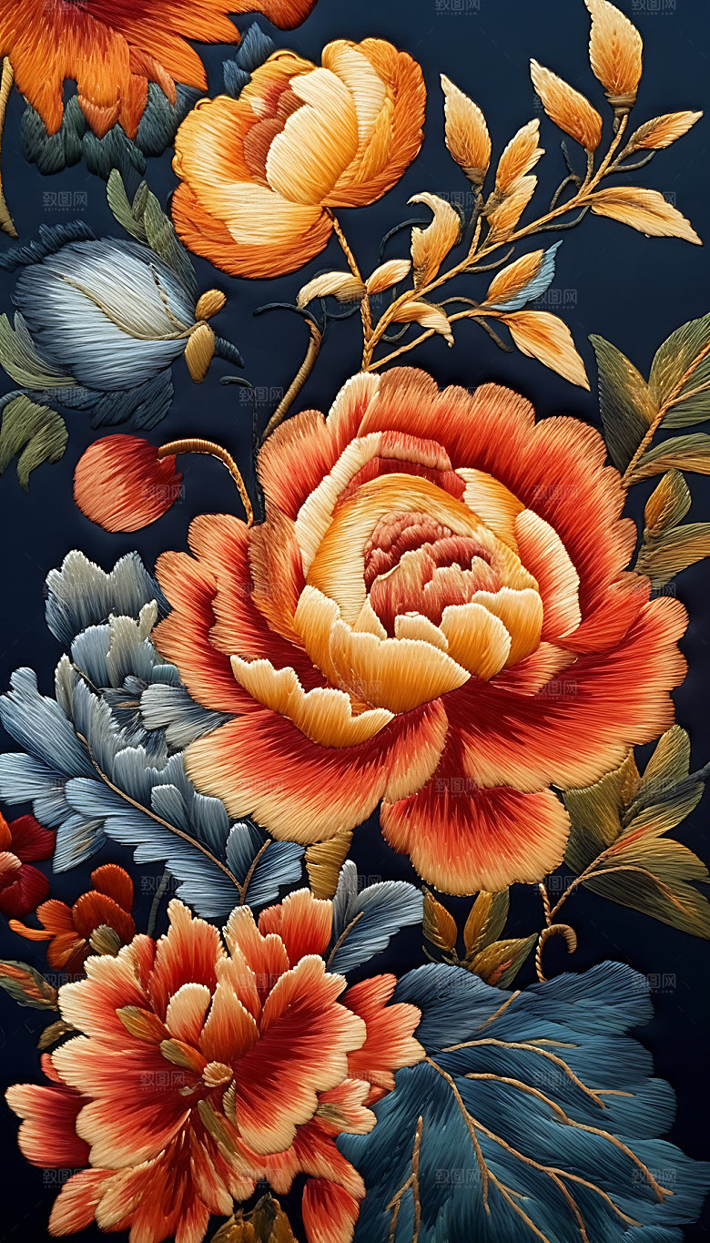 牡丹花国花彩色刺绣