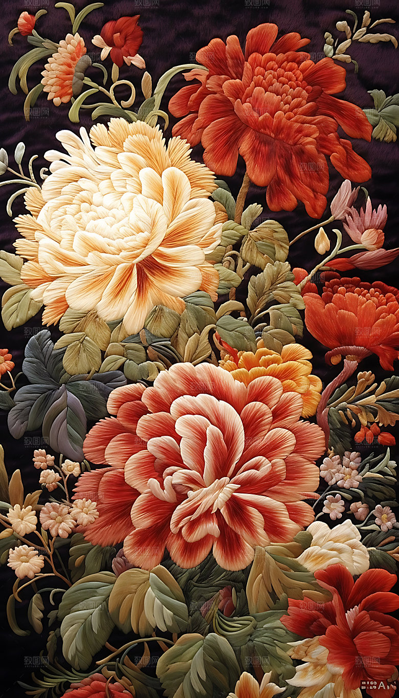 牡丹花彩色精致刺绣