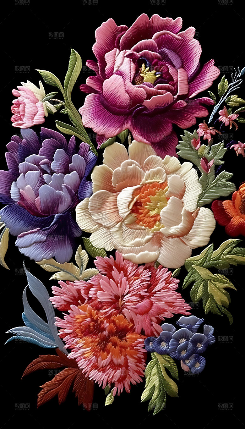 牡丹花高雅华贵刺绣