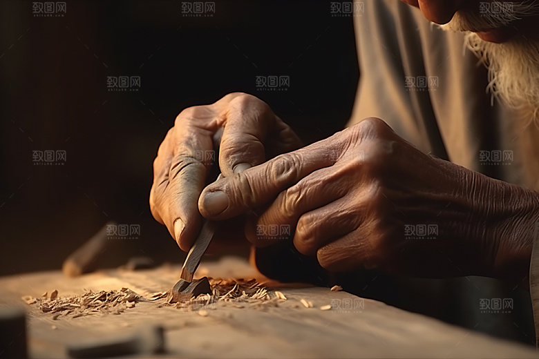 木雕制作雕花特写摄影图