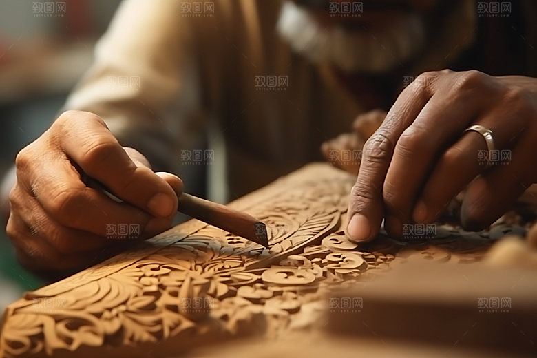 木雕制作木刻特写摄影图
