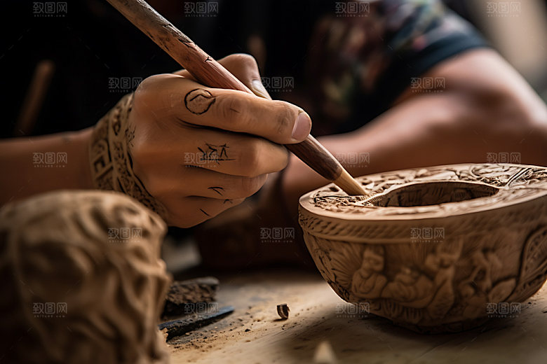 木雕制作雕花木刻摄影图