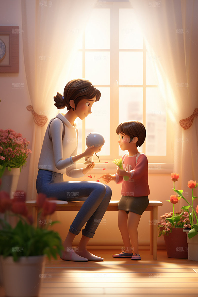母亲节母子生活场景矢量模型