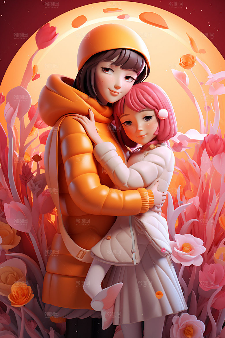母亲节母子卡通矢量模型