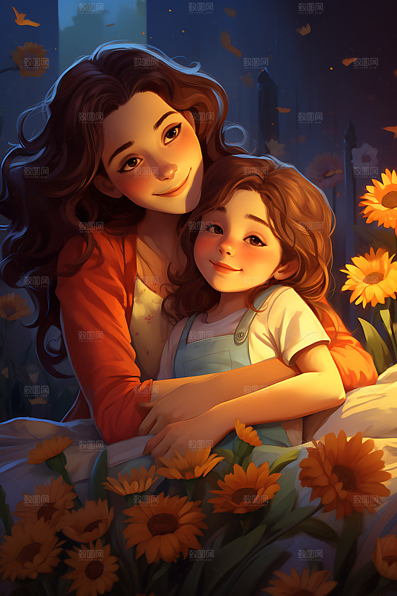 母亲抱着孩子母子温馨插画