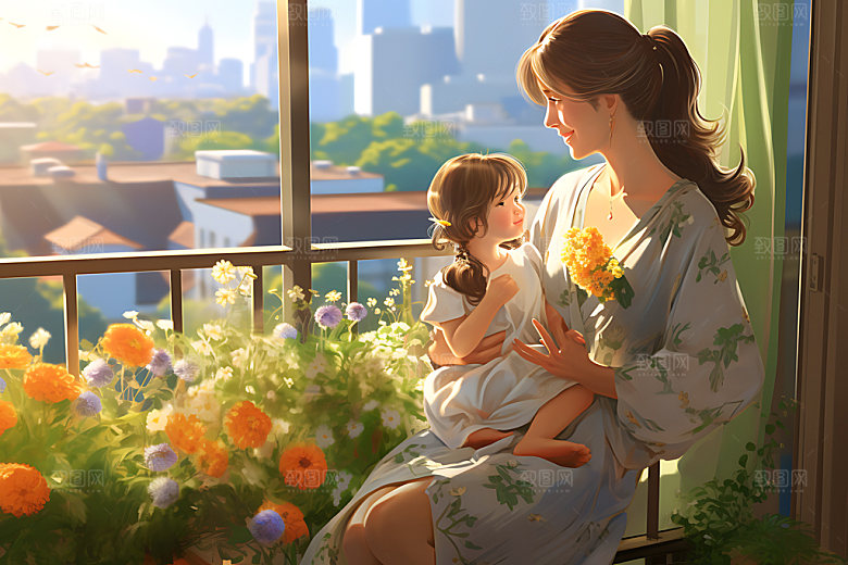 母亲抱着孩子母亲节母子插画