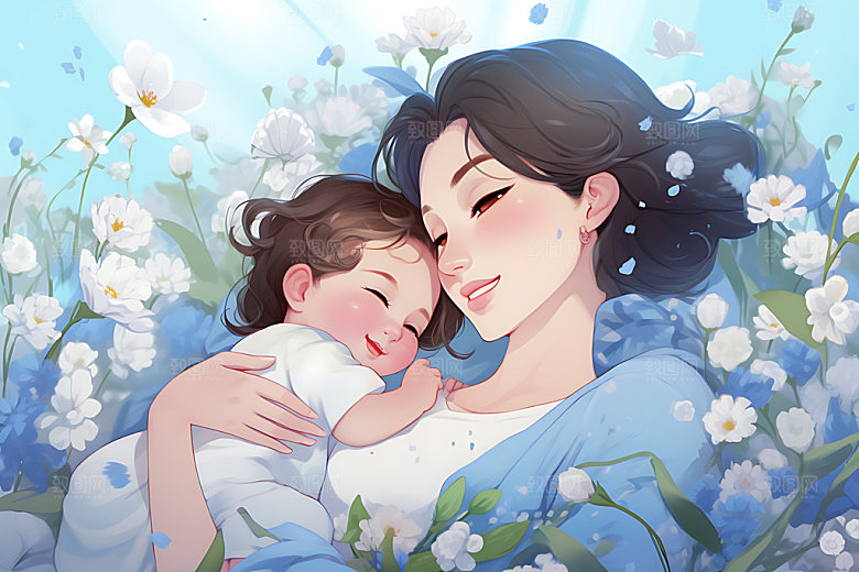 母亲抱着孩子家庭母婴插画