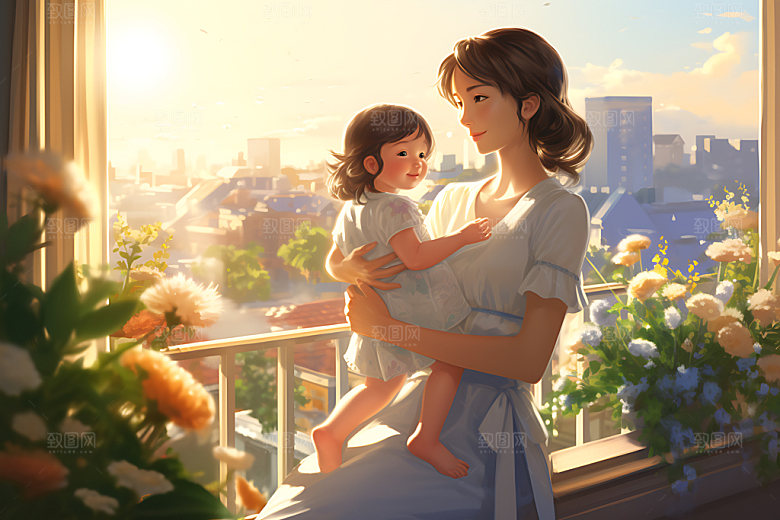 母亲抱着孩子家人家庭插画