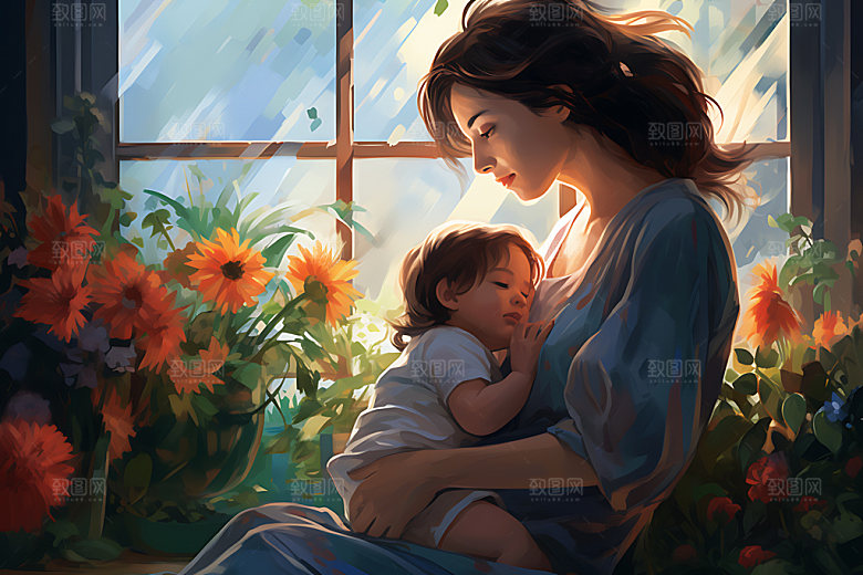 母亲抱着孩子温馨母子插画