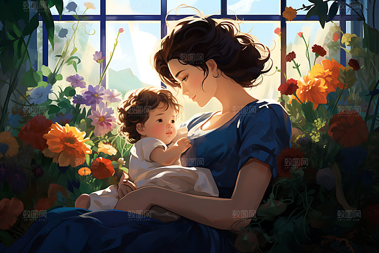 母亲抱着孩子母亲节母婴插画