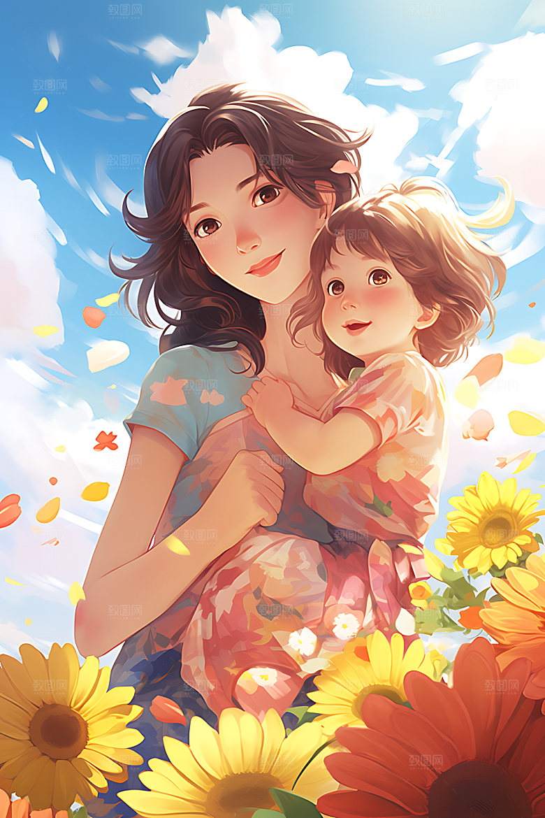 母亲抱着孩子母婴家人插画