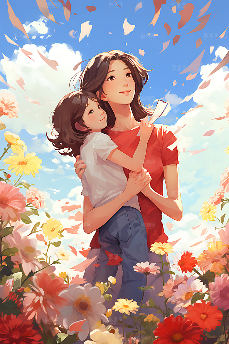 母亲抱着孩子温馨母婴插画