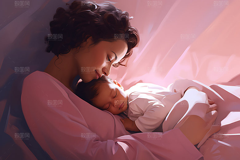 母亲抱着孩子家人家庭插画