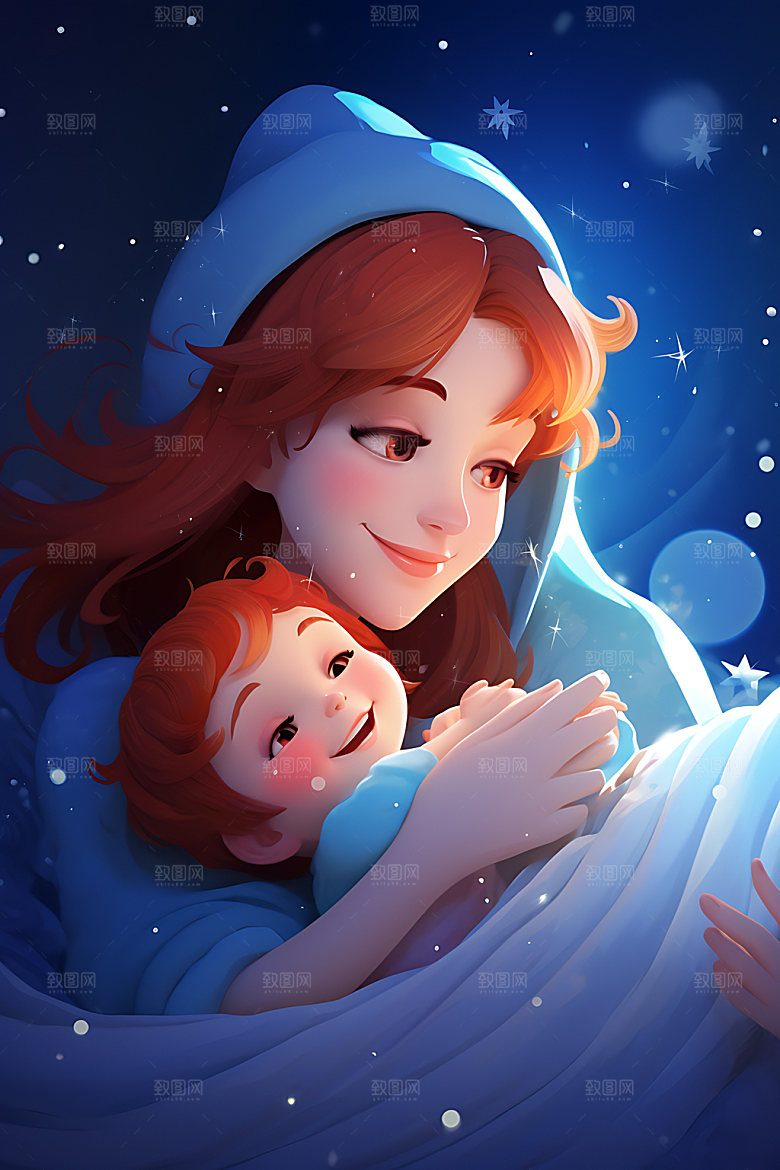 母亲抱着孩子温馨家庭插画